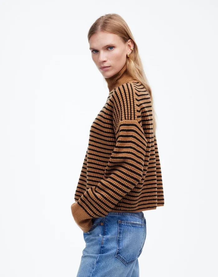 Women Sweaters Madewell Wool WaffleKnit Turtleneck In Stripe Hthr Caramel Stripe