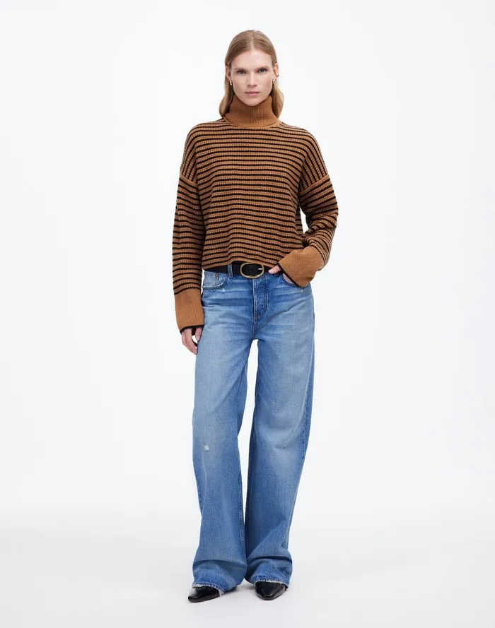 Women Sweaters Madewell Wool WaffleKnit Turtleneck In Stripe Hthr Caramel Stripe
