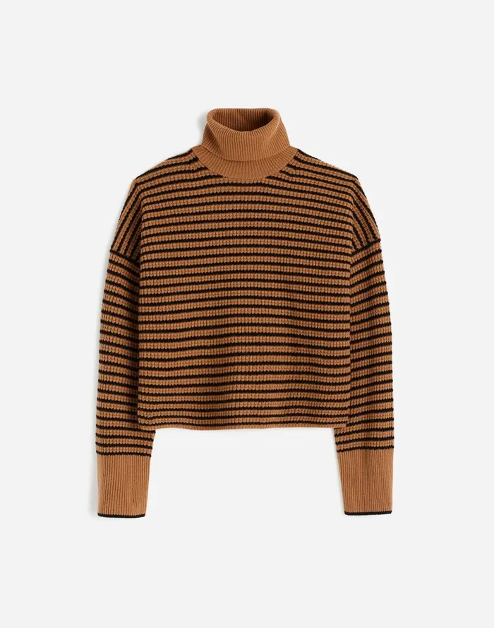Women Sweaters Madewell Wool WaffleKnit Turtleneck In Stripe Hthr Caramel Stripe