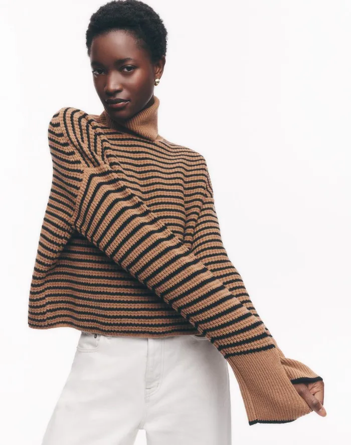 Women Sweaters Madewell Wool WaffleKnit Turtleneck In Stripe Hthr Caramel Stripe