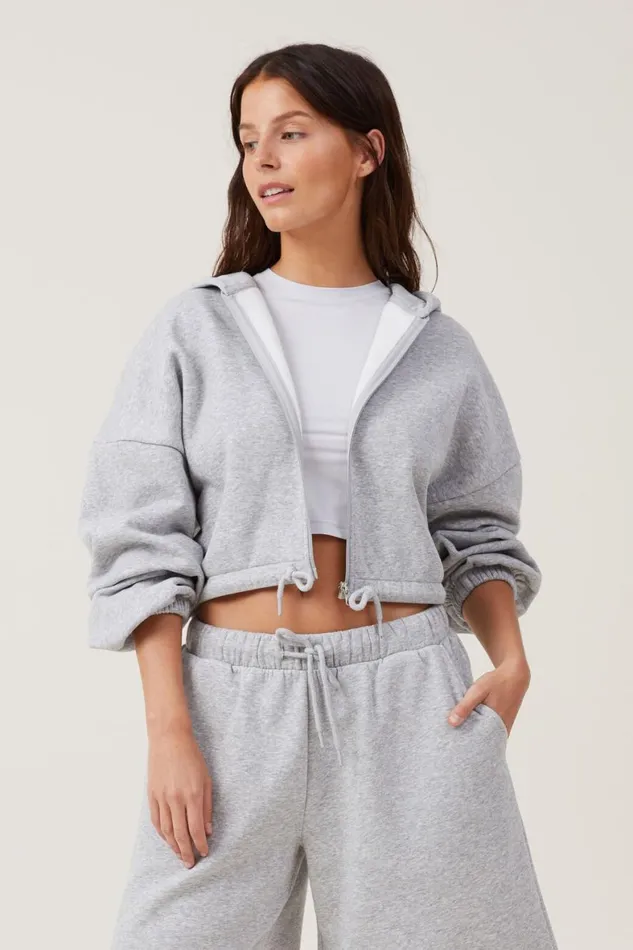 Women Sweats and Hoodies Cotton On Fleece Lounge Cropped Hoodie Mid Grey Marle