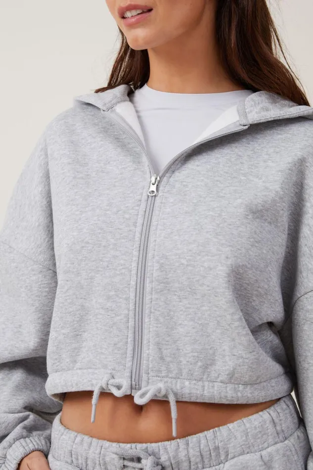 Women Sweats and Hoodies Cotton On Fleece Lounge Cropped Hoodie Mid Grey Marle