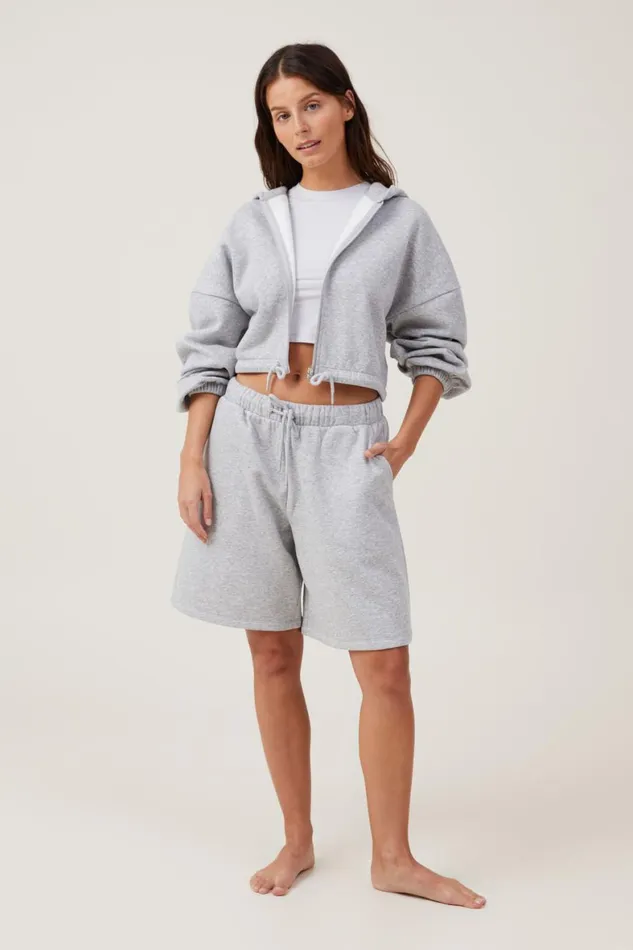Women Sweats and Hoodies Cotton On Fleece Lounge Cropped Hoodie Mid Grey Marle