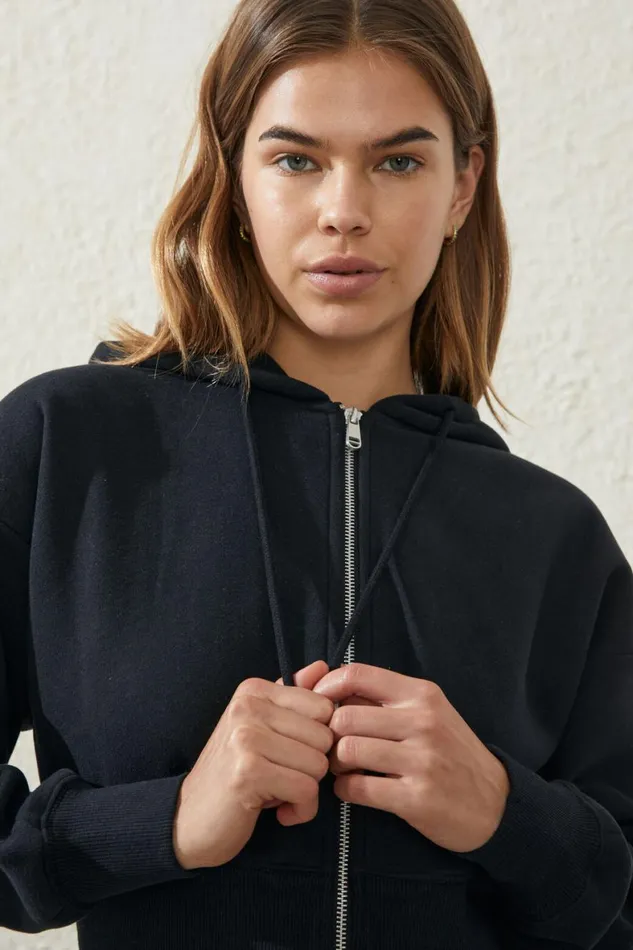 Women Sweats and Hoodies Cotton On Plush Essential Cropped Zip Through Core Black