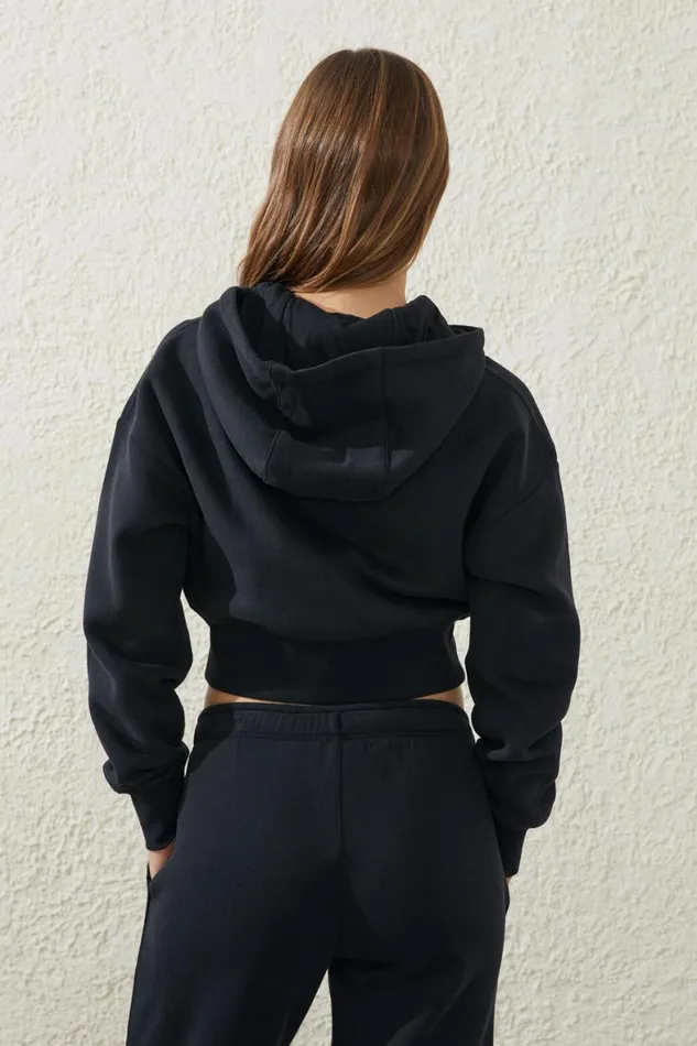 Women Sweats and Hoodies Cotton On Plush Essential Cropped Zip Through Core Black
