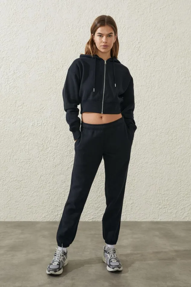 Women Sweats and Hoodies Cotton On Plush Essential Cropped Zip Through Core Black