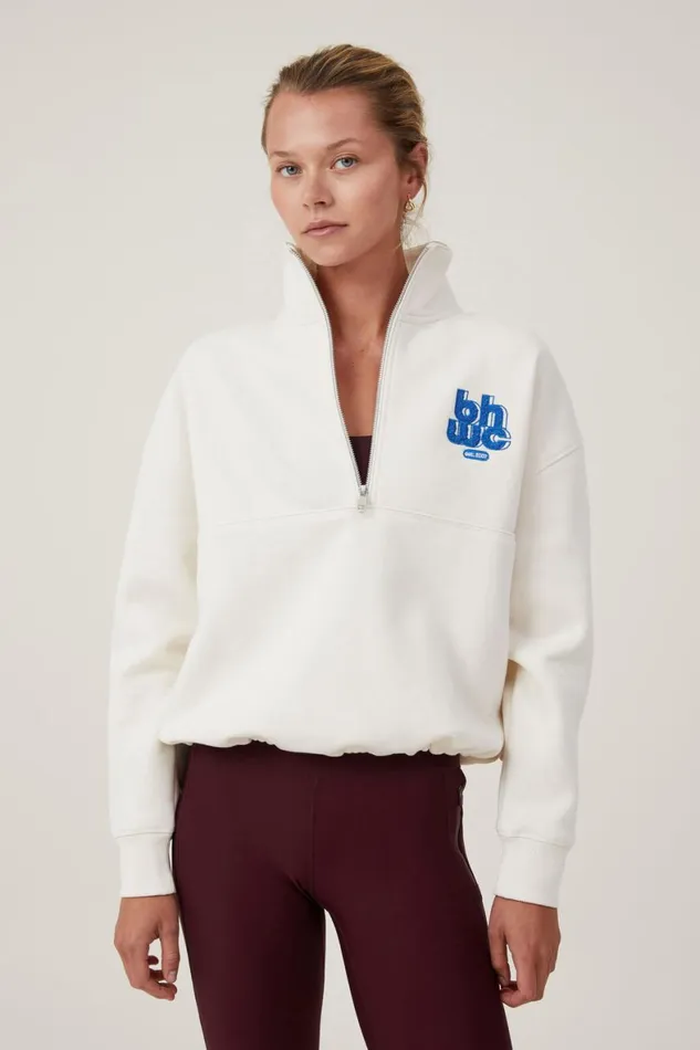 Women Sweats and Hoodies Cotton On Plush Essential Graphic Half Zip Jumper Coconut Milkbhwc Daphne