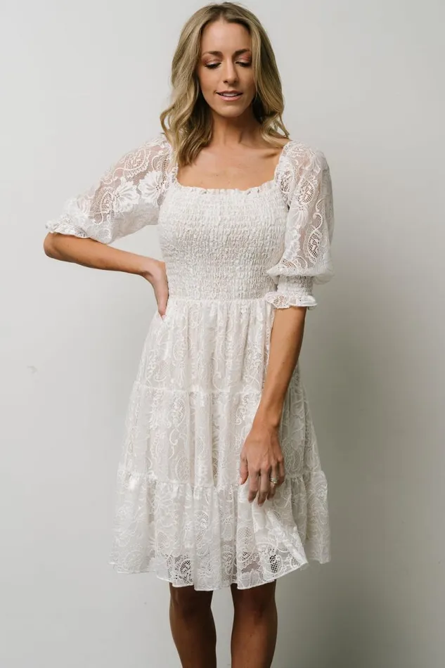 Women Tate Smocked Lace Short Dress Off White Baltic Born Midi Dresses