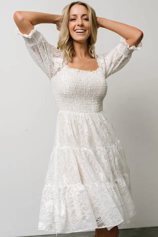 Women Tate Smocked Lace Short Dress Off White Baltic Born Midi Dresses