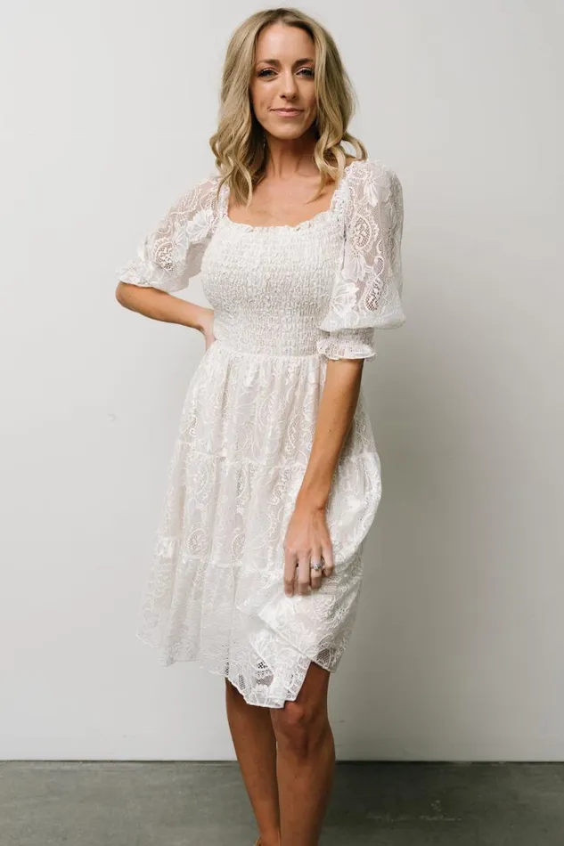 Women Tate Smocked Lace Short Dress Off White Baltic Born Midi Dresses