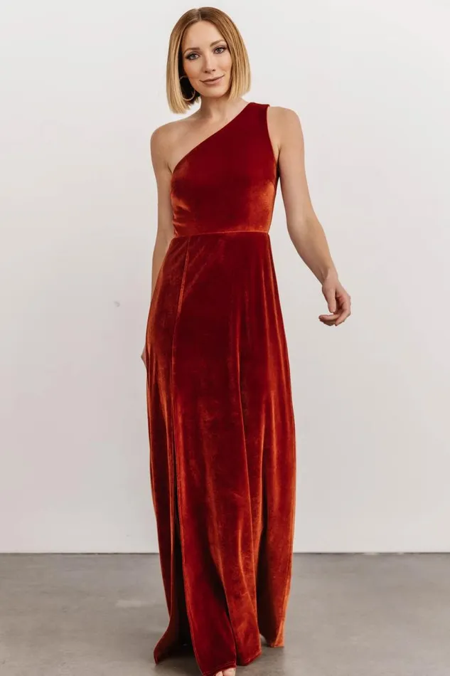 Women Tatiana Velvet One Shoulder Maxi Dress Rust Baltic Born The Guest Edit