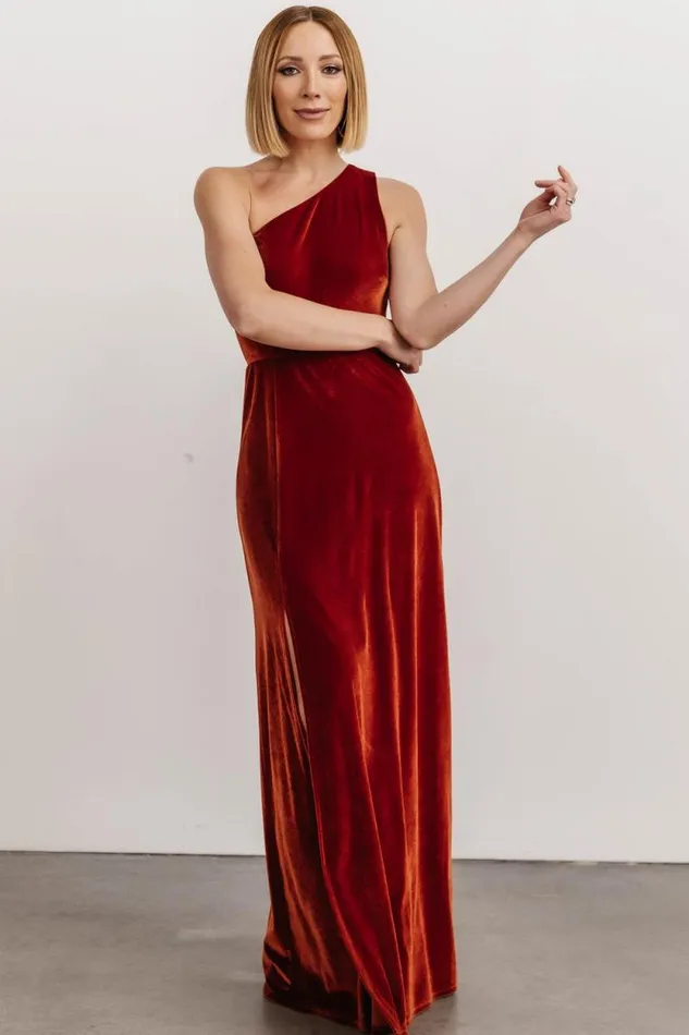 Women Tatiana Velvet One Shoulder Maxi Dress Rust Baltic Born The Guest Edit Women Tatiana Velvet One Shoulder Maxi Dress Rust Baltic Born The Guest Edit