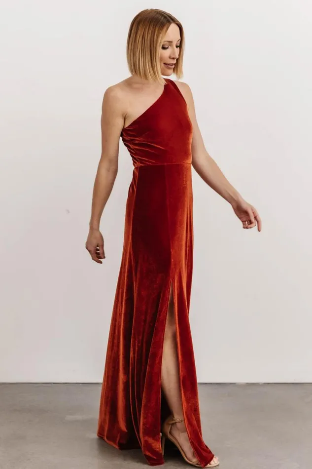 Women Tatiana Velvet One Shoulder Maxi Dress Rust Baltic Born The Guest Edit Women Tatiana Velvet One Shoulder Maxi Dress Rust Baltic Born The Guest Edit