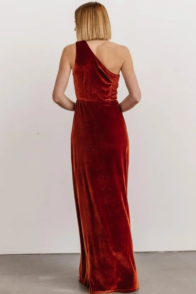 Women Tatiana Velvet One Shoulder Maxi Dress Rust Baltic Born The Guest Edit Women Tatiana Velvet One Shoulder Maxi Dress Rust Baltic Born The Guest Edit