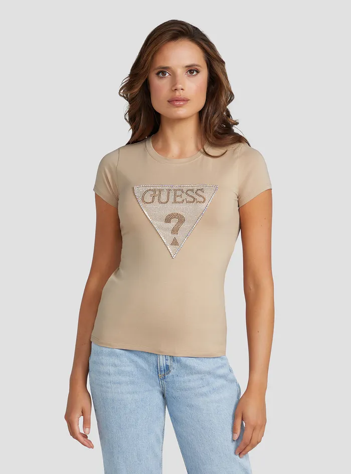 Women Tees and Tanks GUESS Eco Beige Crystal Logo Tshirt