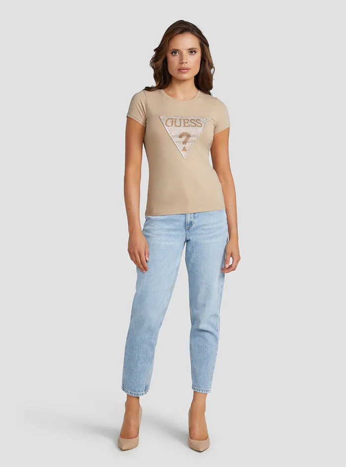 Women Tees and Tanks GUESS Eco Beige Crystal Logo Tshirt
