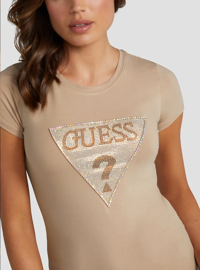 Women Tees and Tanks GUESS Eco Beige Crystal Logo Tshirt