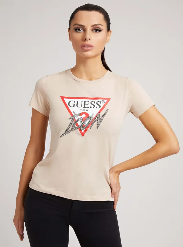 Women Tees and Tanks GUESS Eco Beige Icon Logo Tshirt