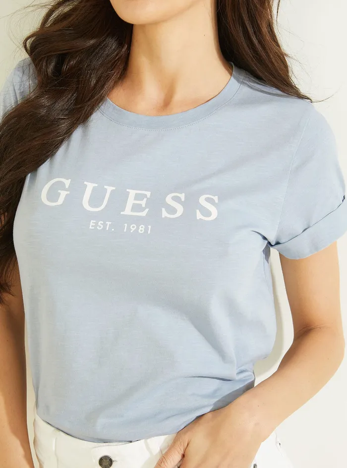 Women Tees and Tanks GUESS Eco Blue 1981 Rolled Cuff Logo Tshirt Women Tees and Tanks GUESS Eco Blue 1981 Rolled Cuff Logo Tshirt
