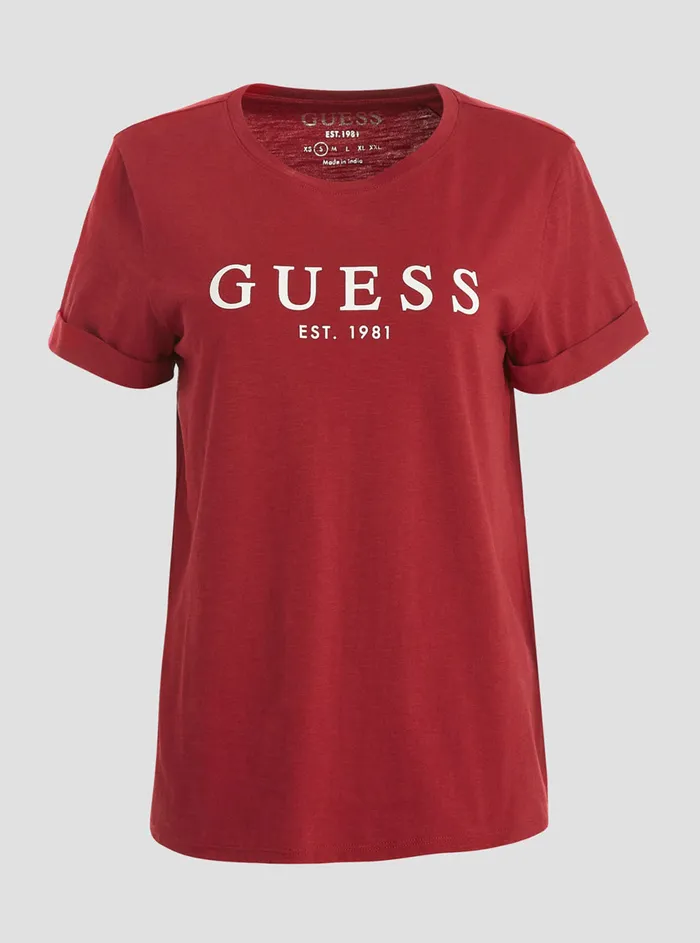 Women Tees and Tanks GUESS Eco Red 1981 Roll Cuff Logo Tshirt