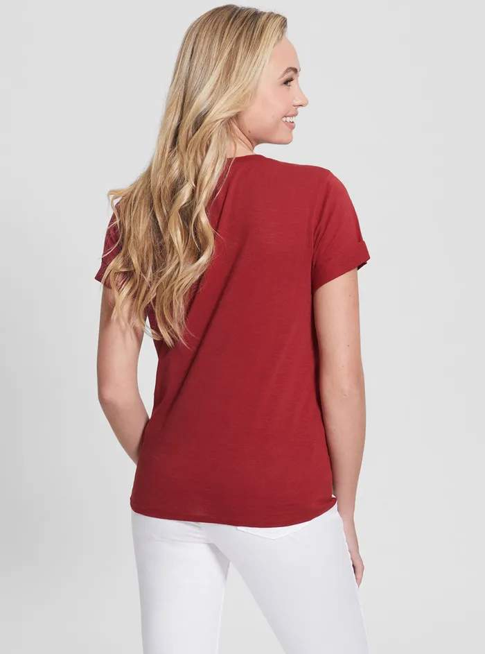 Women Tees and Tanks GUESS Eco Red 1981 Roll Cuff Logo Tshirt