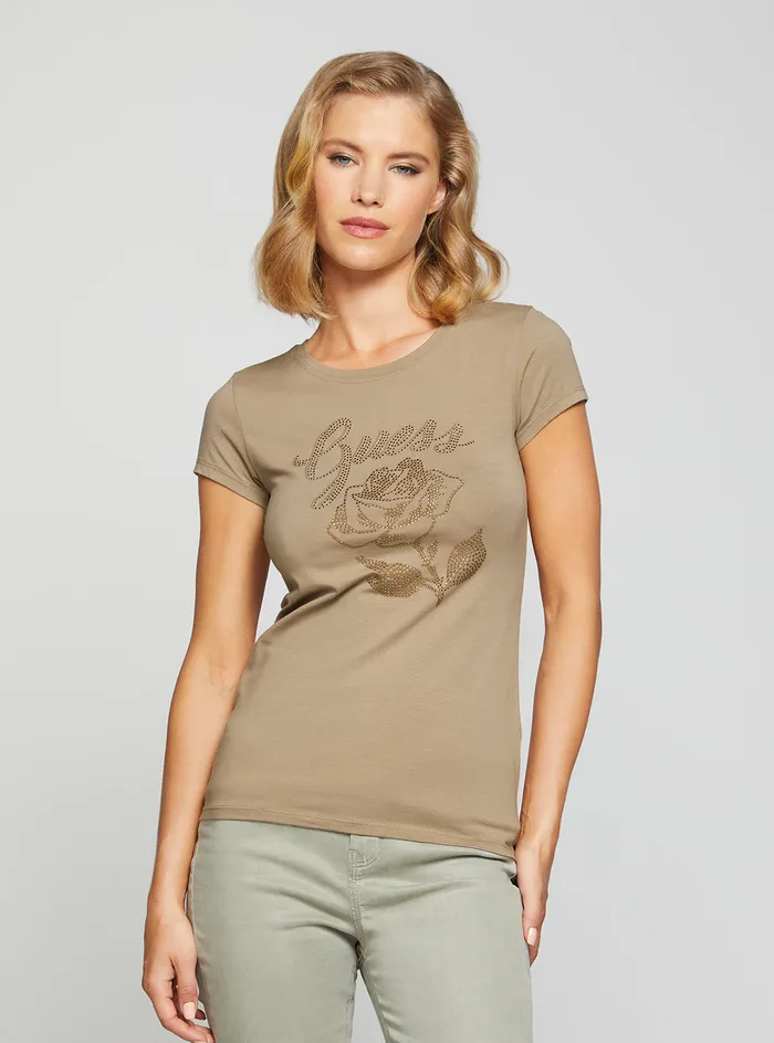 Women Tees and Tanks GUESS Eco Stone Taupe Rose Logo Tshirt