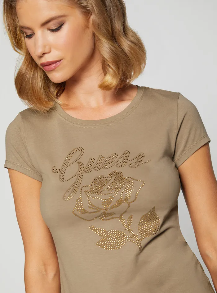 Women Tees and Tanks GUESS Eco Stone Taupe Rose Logo Tshirt Women Tees and Tanks GUESS Eco Stone Taupe Rose Logo Tshirt