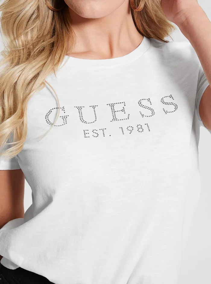 Women Tees and Tanks GUESS Eco White 1981 Crystal Logo Tshirt Women Tees and Tanks GUESS Eco White 1981 Crystal Logo Tshirt