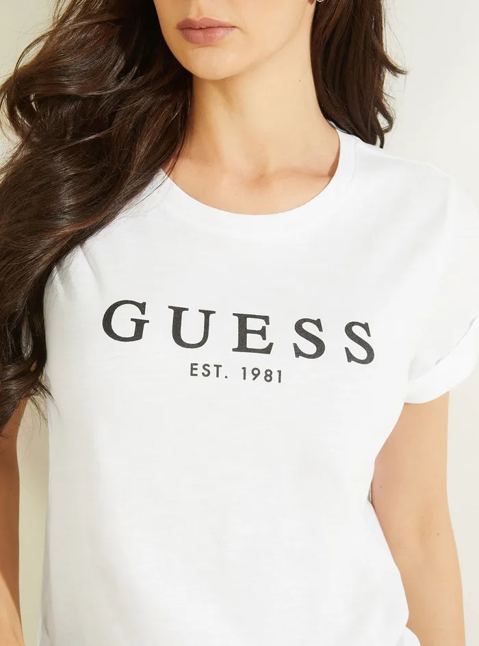Women Tees and Tanks GUESS Eco White 1981 Rolled Cuff Logo Tshirt