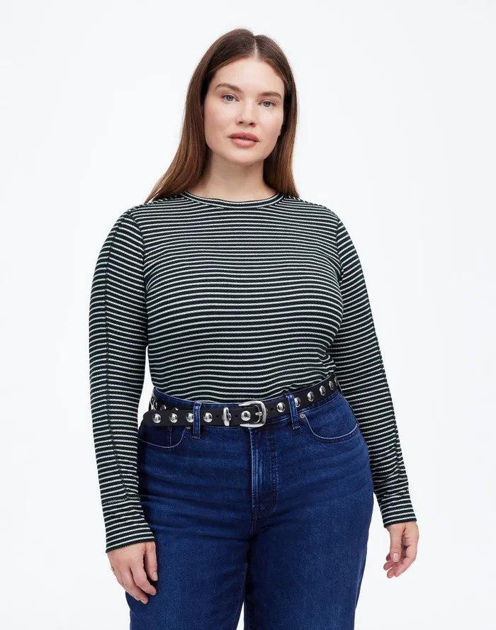 Women Tees Madewell Plus Ribbed Crewneck LongSleeve Tee In Stripe Luxury Forest