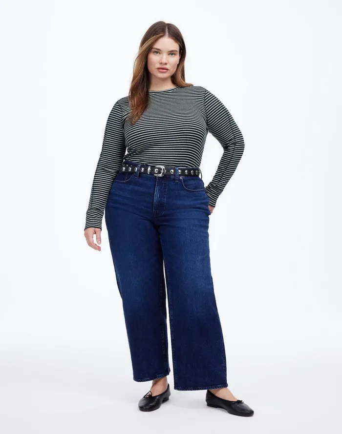 Women Tees Madewell Plus Ribbed Crewneck LongSleeve Tee In Stripe Luxury Forest
