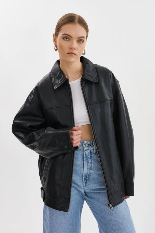Women THEIA Leather Bomber Jacket Black LAMARQUE Leather Jackets