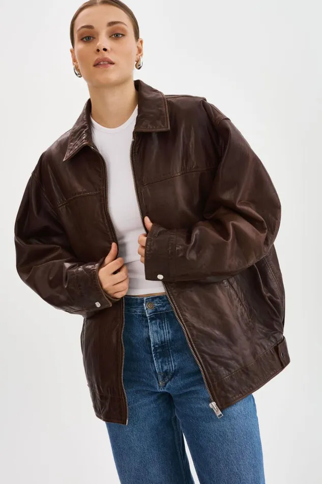 Women THEIA Leather Bomber Jacket Dark Brown LAMARQUE Bombers