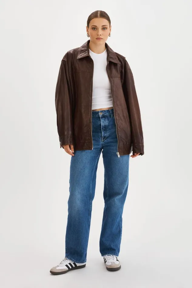 Women THEIA Leather Bomber Jacket Dark Brown LAMARQUE Bombers