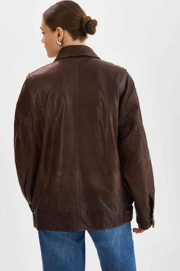 Women THEIA Leather Bomber Jacket Dark Brown LAMARQUE Bombers