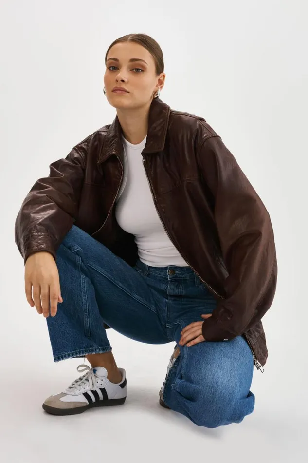Women THEIA Leather Bomber Jacket Dark Brown LAMARQUE Bombers