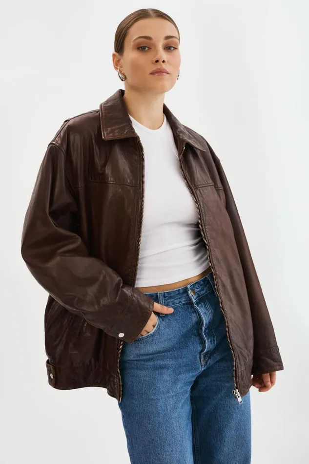 Women THEIA Leather Bomber Jacket Dark Brown LAMARQUE Bombers
