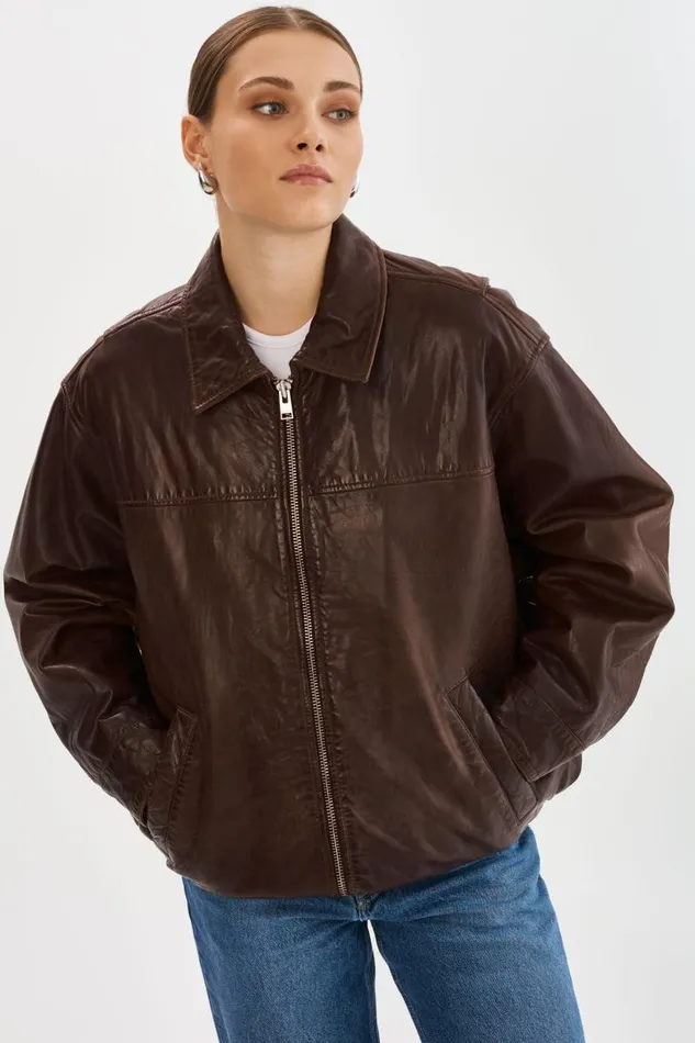 Women THEIA Leather Bomber Jacket Dark Brown LAMARQUE Bombers