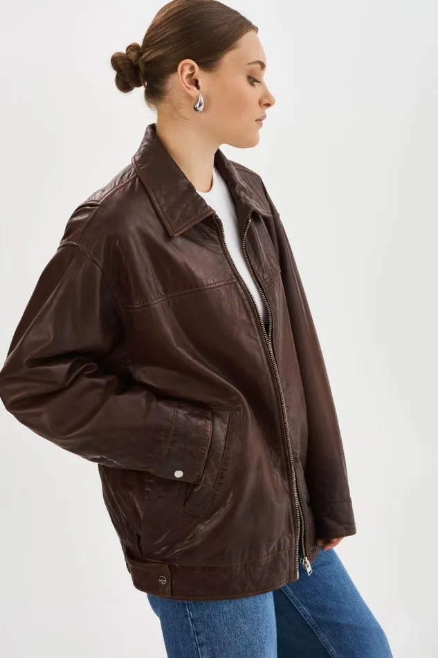Women THEIA Leather Bomber Jacket Dark Brown LAMARQUE Bombers