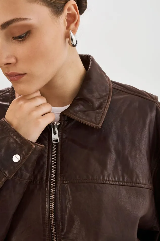 Women THEIA Leather Bomber Jacket Dark Brown LAMARQUE Bombers