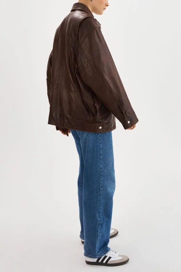 Women THEIA Leather Bomber Jacket Dark Brown LAMARQUE Bombers