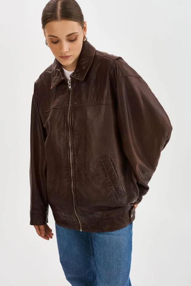 Women THEIA Leather Bomber Jacket Dark Brown LAMARQUE Bombers