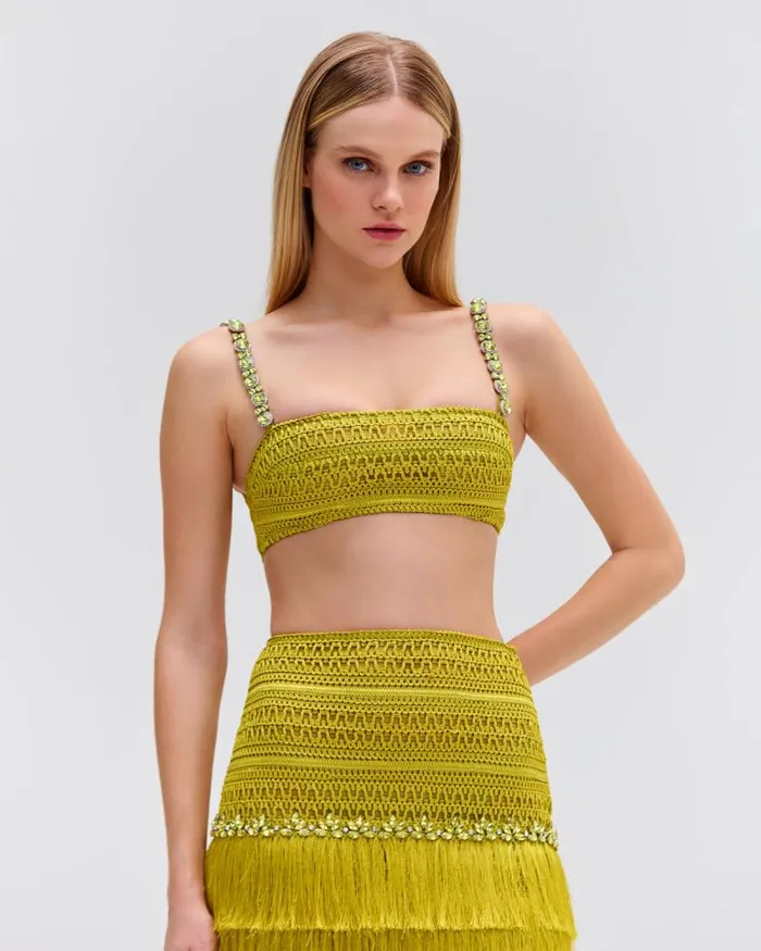 Women Tops and Bodysuits PatBO Beaded Woven Cropped Top FINAL SALE Absinthe