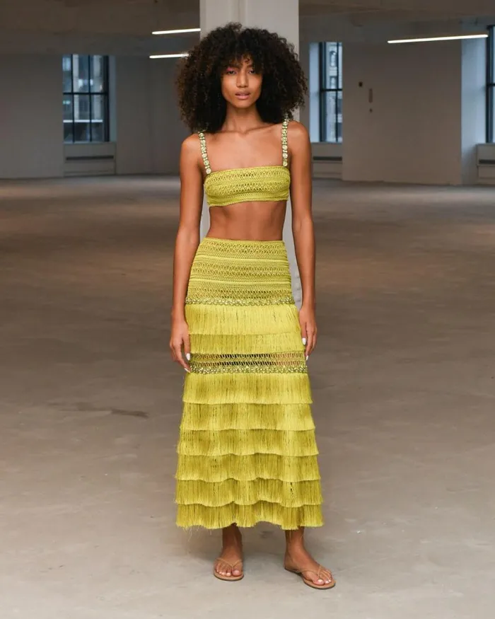 Women Tops and Bodysuits PatBO Beaded Woven Cropped Top FINAL SALE Absinthe