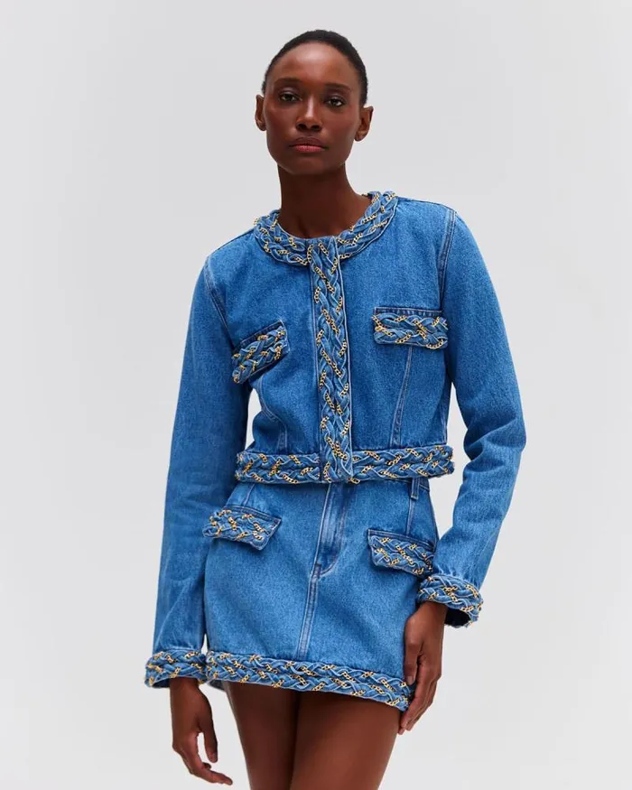 Women Tops and Bodysuits PatBO Braided Denim Cropped Jacket Denim