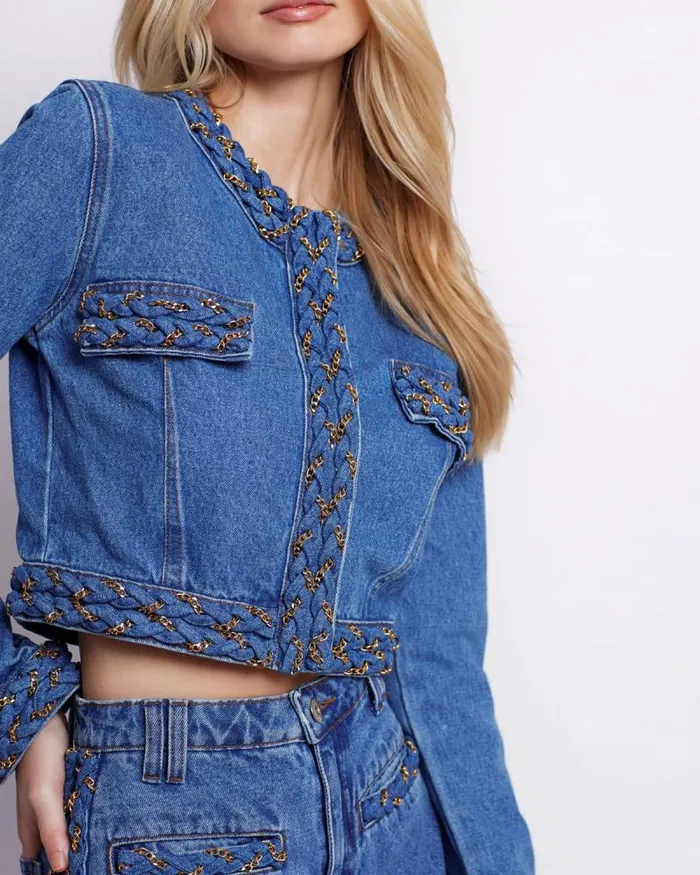 Women Tops and Bodysuits PatBO Braided Denim Cropped Jacket Denim