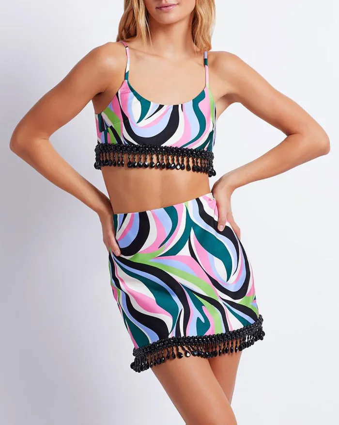 Women Tops and Bodysuits PatBO DELOS BEADED CROPPED TOP FINAL SALE Black Multi