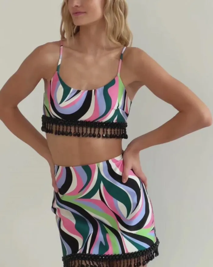Women Tops and Bodysuits PatBO DELOS BEADED CROPPED TOP FINAL SALE Black Multi