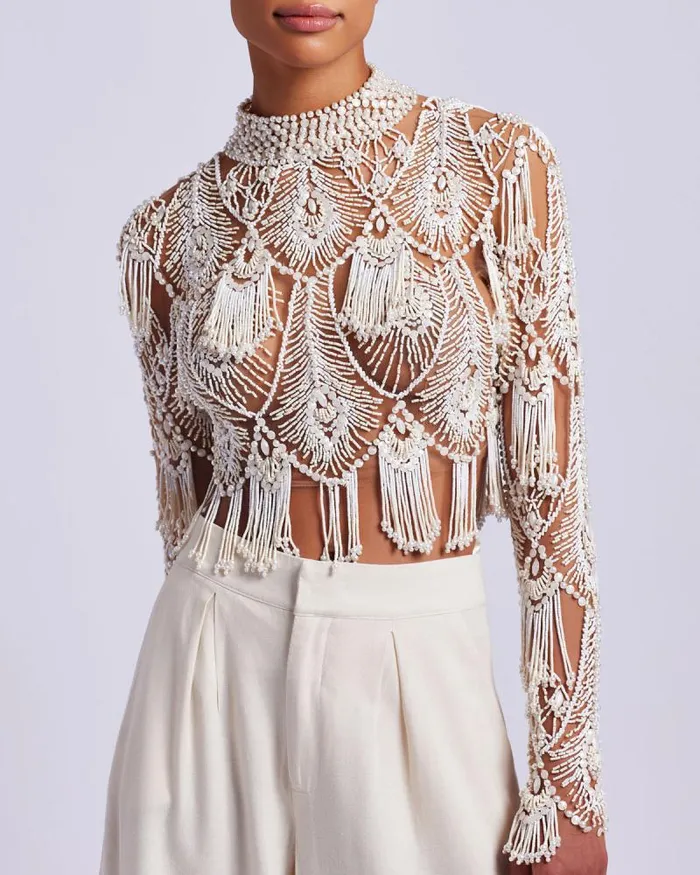 Women Tops and Bodysuits PatBO HandBeaded High Neck Top EXCLUSIVE White
