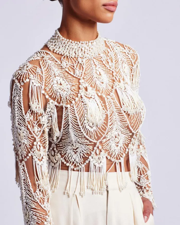 Women Tops and Bodysuits PatBO HandBeaded High Neck Top EXCLUSIVE White